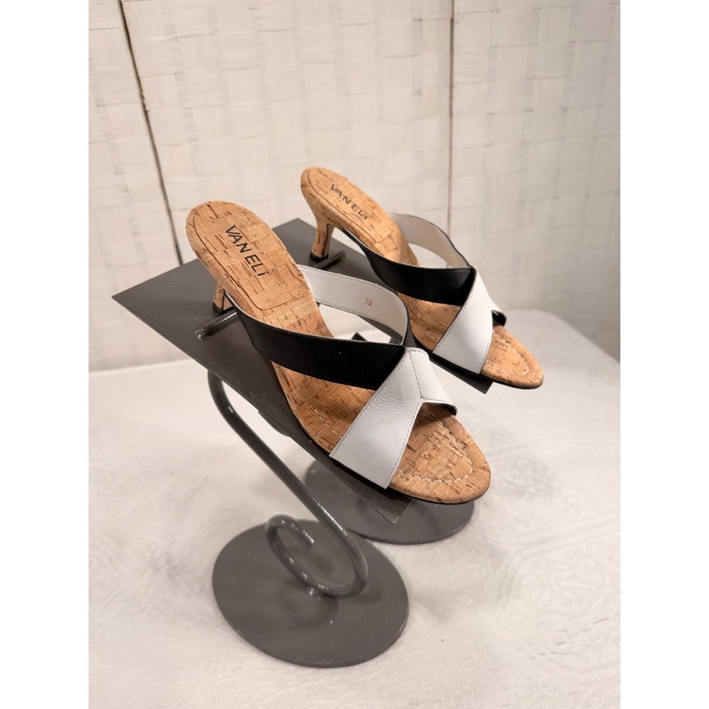 Vaneli Women's size 7M black white criss cross strap cork wedge sandals